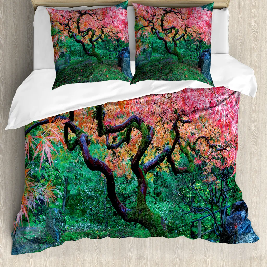 Copripiumino ABAKUHAUS Verde Foglie Rosse: Offerta Letto Matrimoniale