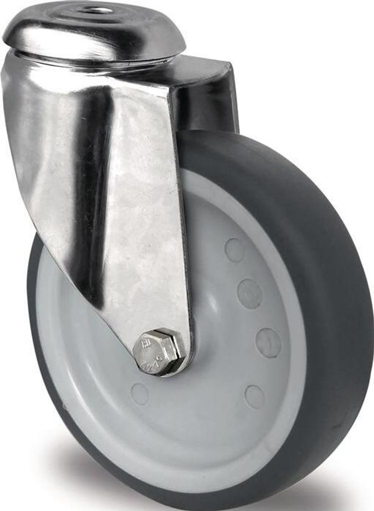 Lenkrolle Rad- 125 mm Tragfhigkeit 100 kg Rckenlochbefestigung Polypropylen Gleitlager Edelstahl TPE grau