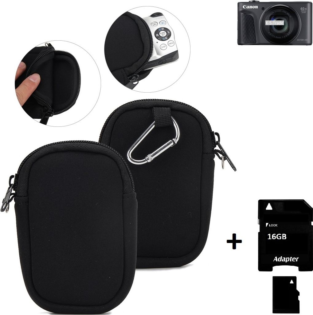 K-S-Trade Kameratasche kompatibel mit Canon PowerShot SX730 HS Schutz Hülle Kompaktkamera Tasche Travelbag sleeve case neopren Fototasche + 16GB
