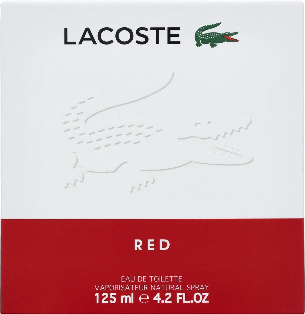 The image shows the packaging of a Lacoste Red eau de toilette for men.