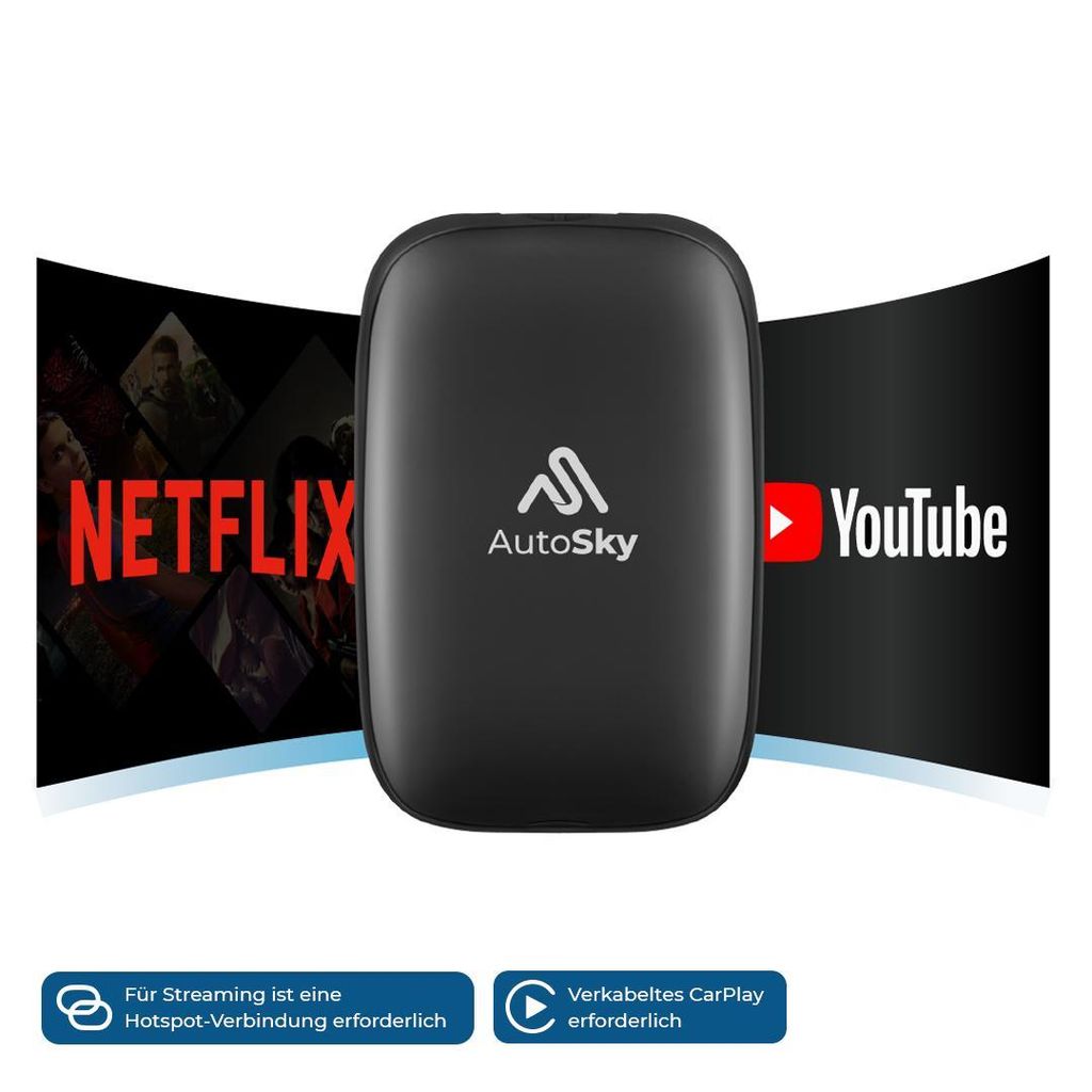 AutoSky Wireless CarPlay & Android Auto Box Lite – AI Box mit Netflix, YouTube, kabellos, für iPhone & Android, Plug & Play
