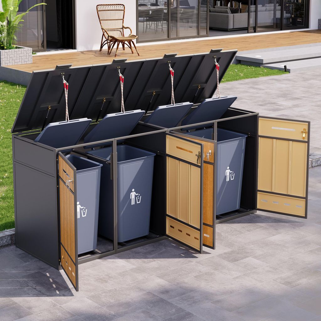 MODFU Mülltonnenschrank Abfalltrennung - 4 Fächer Mit Klappdeckel - Fronttüren mit Holzoptik Für Terrasse und Garten - Grau+Holz