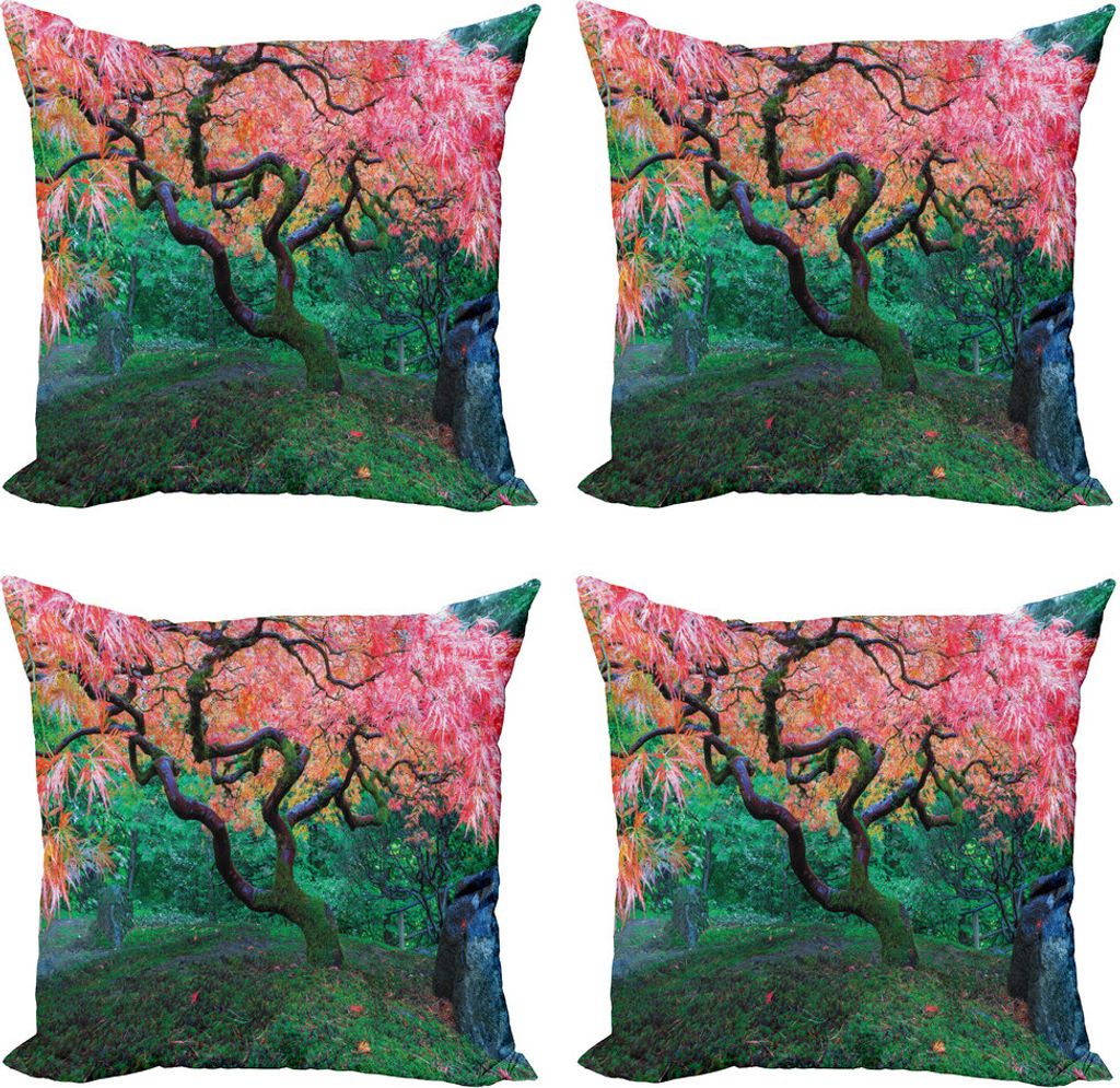 ABAKUHAUS japanisch Kissenbezug Set (4 Stück), Red Leaf Maple in Garten, Moderner Doppelseitiger Digitaldruck, 60 cm x 60 cm, Grün