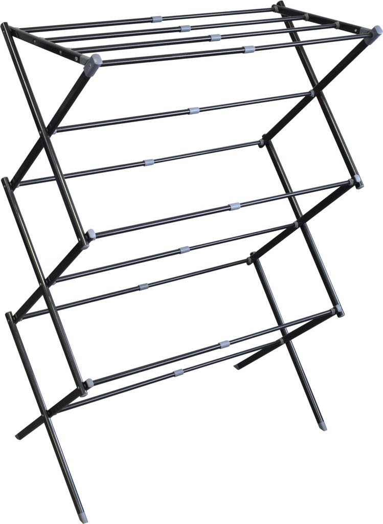 A black metal drying rack with multiple levels.