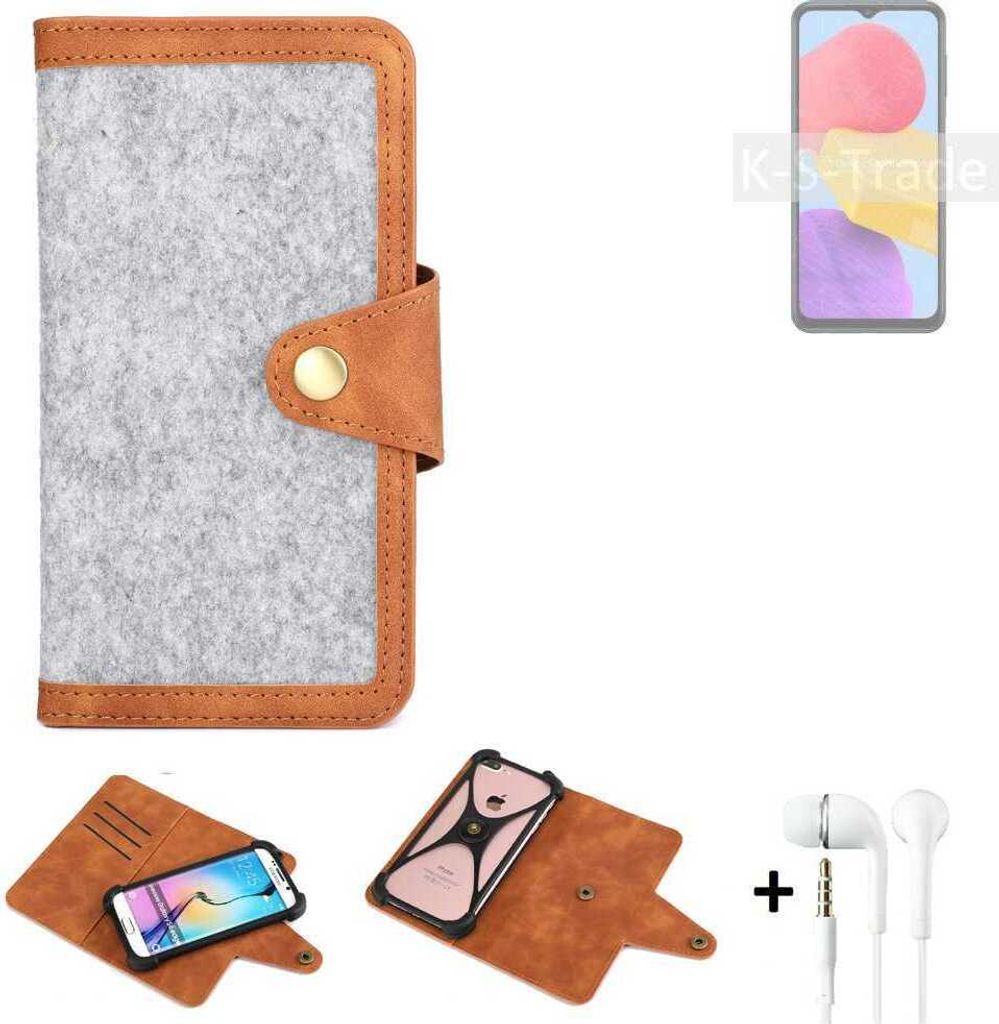 K-S-Trade Handyhülle + Kopfhörer kompatibel mit Samsung Galaxy M13 Schutzhülle Filz Hülle Kunstleder hellgrau braun (1x)