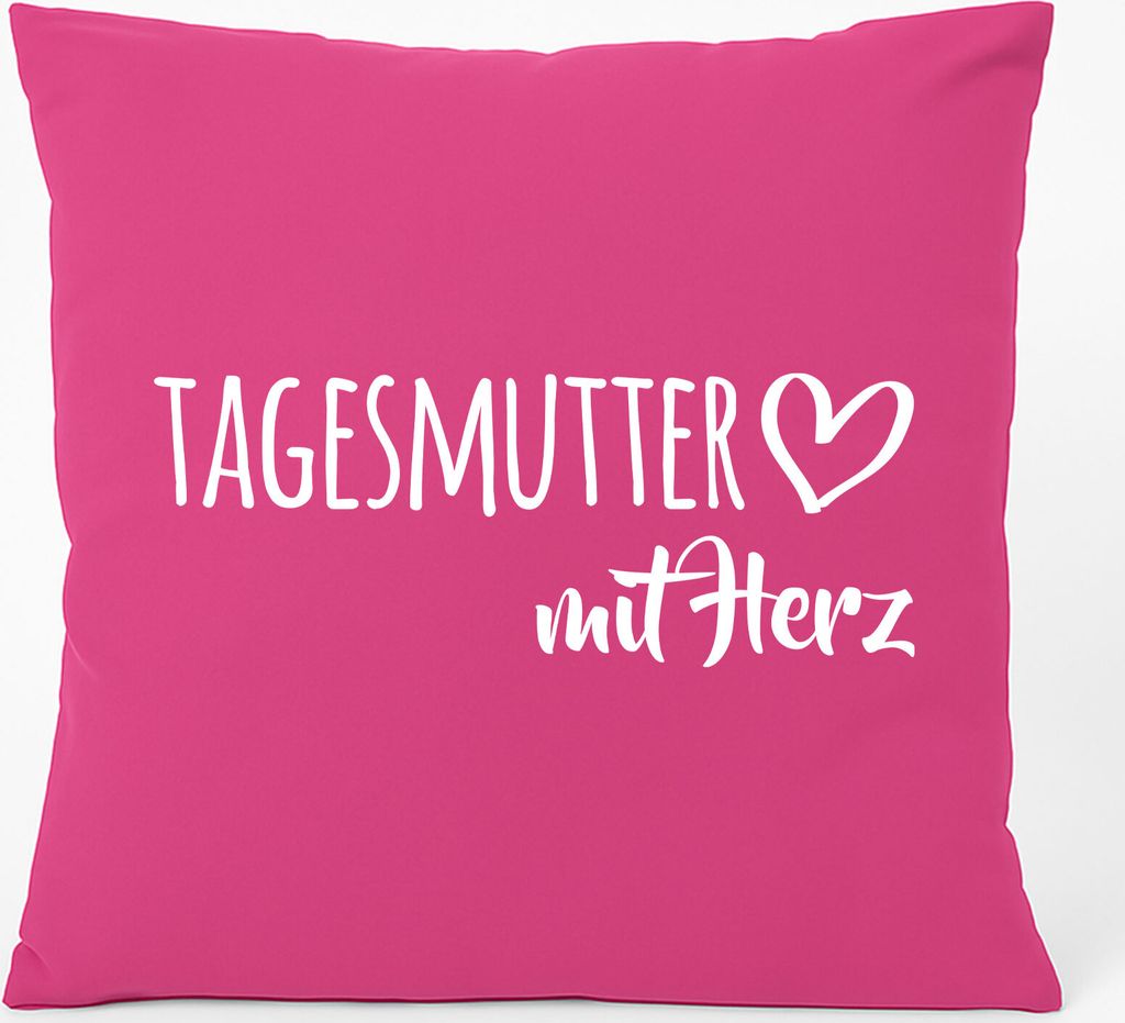Huuraa Kissen Tagesmutter mit Herz 40x40cm mit Füllung Fuchsia Baumwolle Dekokissen Geschenkidee