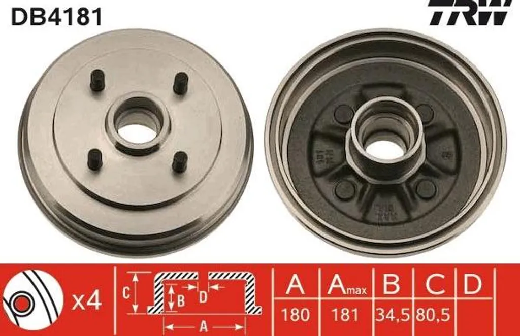 Tambour de Frein TRW DB4181 Arrière pour Toyota Paseo et Starlet OE