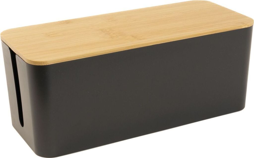 Intirilife Kabelbox mit Bambusdeckel in Schwarz - 32 x 13.6 x 12.7 cm - Kabelmanagement Box, Organizer zum Verstecken von Kabeln und Steckdosenleisten