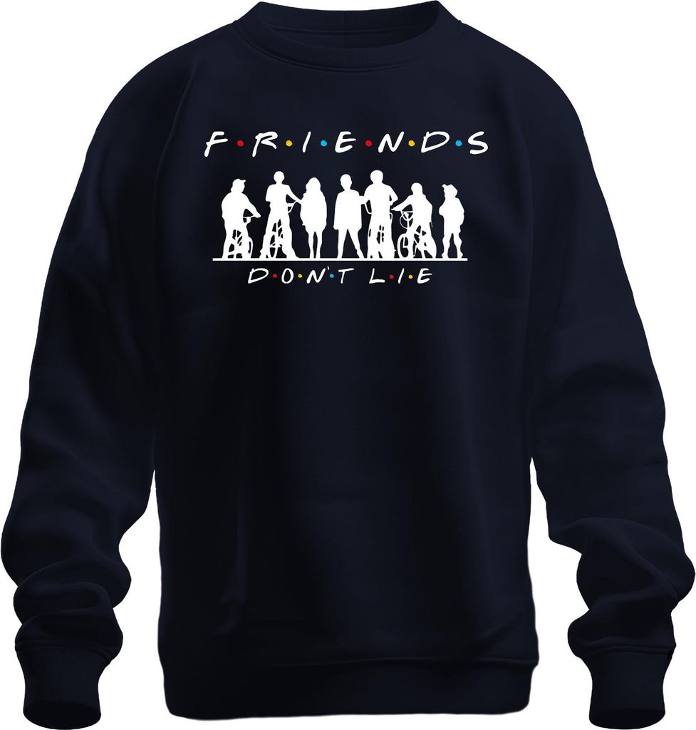 FRIENDS DON'T LIE Stranger Kids Fahrräder 80er Retro Hawkins Elf Uni Sweatshirt Pullover, Navy, M