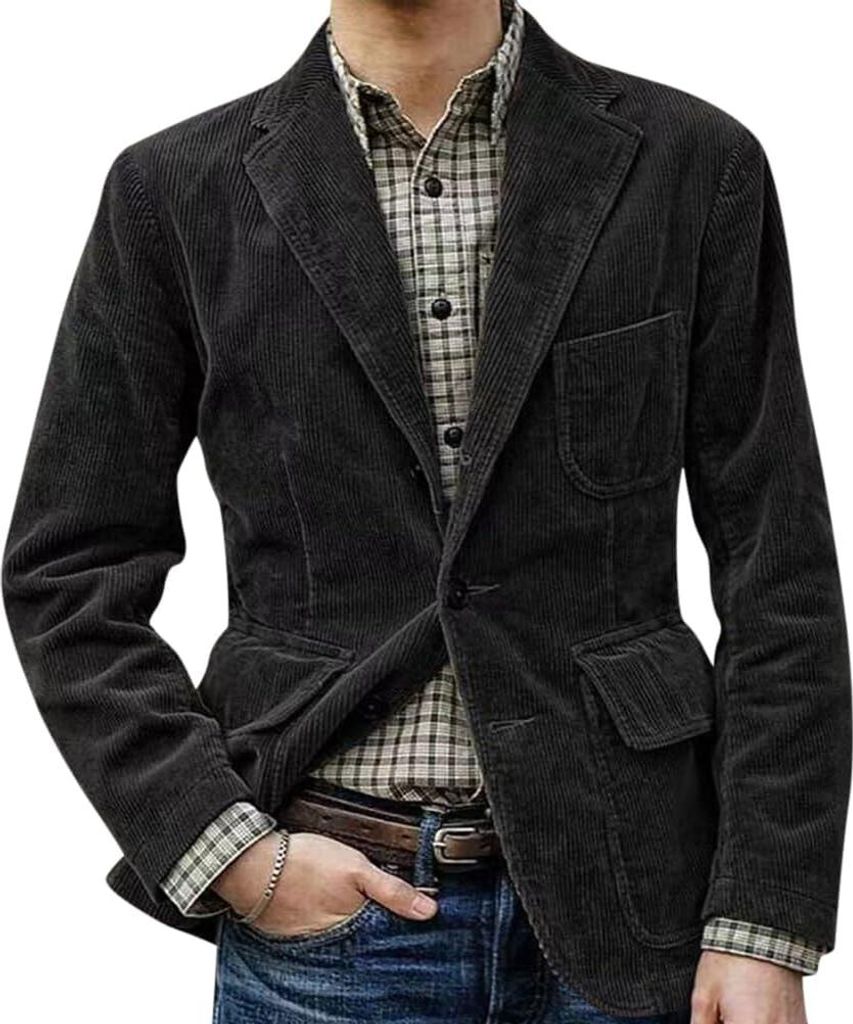 ASKSA Jacke Cord Herren Sakko Retro Blazer aus Cord Freizeitanzug mit Taschen Elegante Anzugjacke Regular Fit Freizeitjacke Maenner Einfarbig Mante...