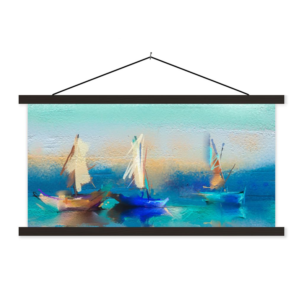 MuchoWow Textilposter Gemälde - Ölfarbe - Boot - Abstrakt 150x75 cm mit schwarzem Rahmen - Posterleiste