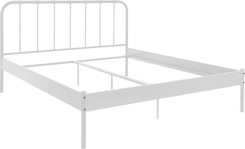A white metal bed frame with a headboard, shown from a side angle against a white background.