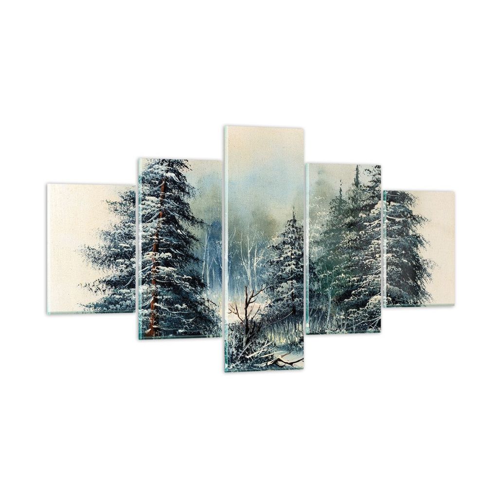 Bilder auf glas - 5 Teile - Schnee Fichten Wald - 125x70cm - Glasbilder - Wandbilder - Bilder - zum Aufhängen bereit - Wanddekoration aus Glas - G...