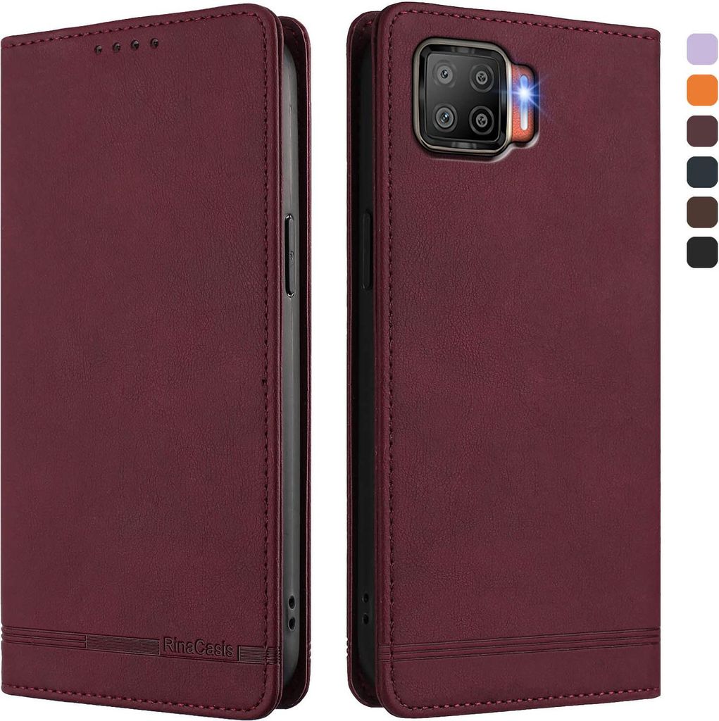 Hülle für Oppo F17, Retro Kunstleder Ständer Klapphülle mit Kartenfächer und Magnetische Rot
