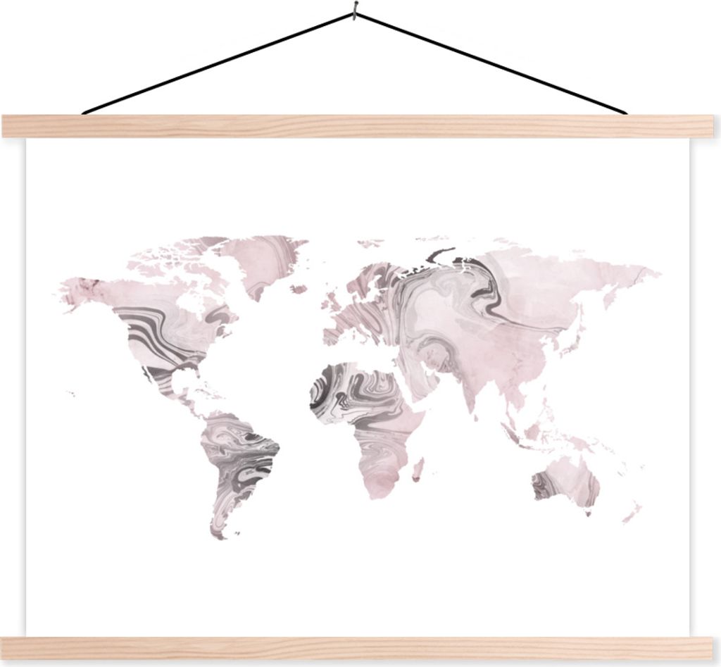 MuchoWow Textilposter Weltkarte - Farbe - rosa 120x90 cm mit holzfarbenen Rahmen - Magnetisch