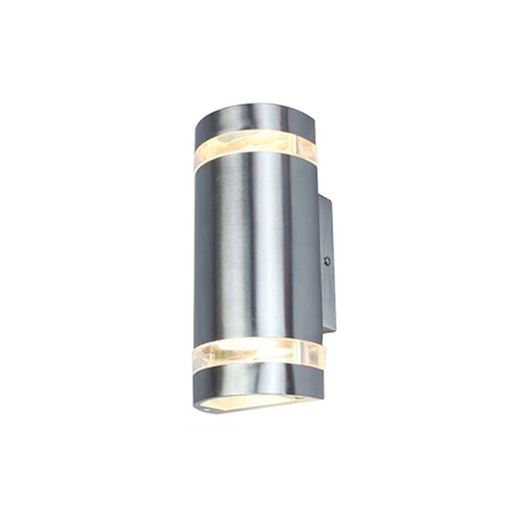 A silver-colored outdoor wall light with two light sources.
