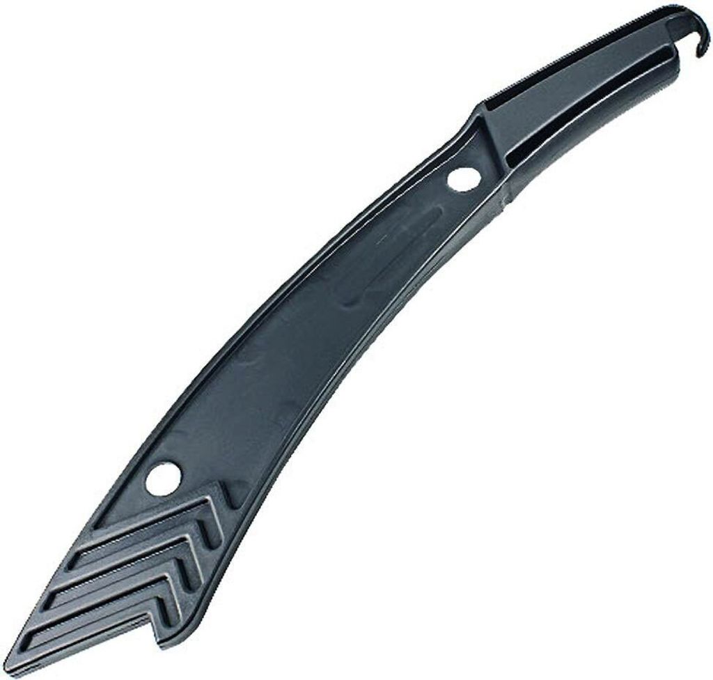 A black plastic tool, likely a part for a larger machine, is shown against a white background.