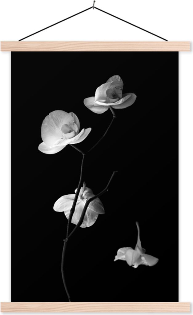 MuchoWow Textilposter Orchidee - Blumen - Schwarz - Weiß - Stilleben 60x90 cm mit holzfarbenen Rahmen - Textil