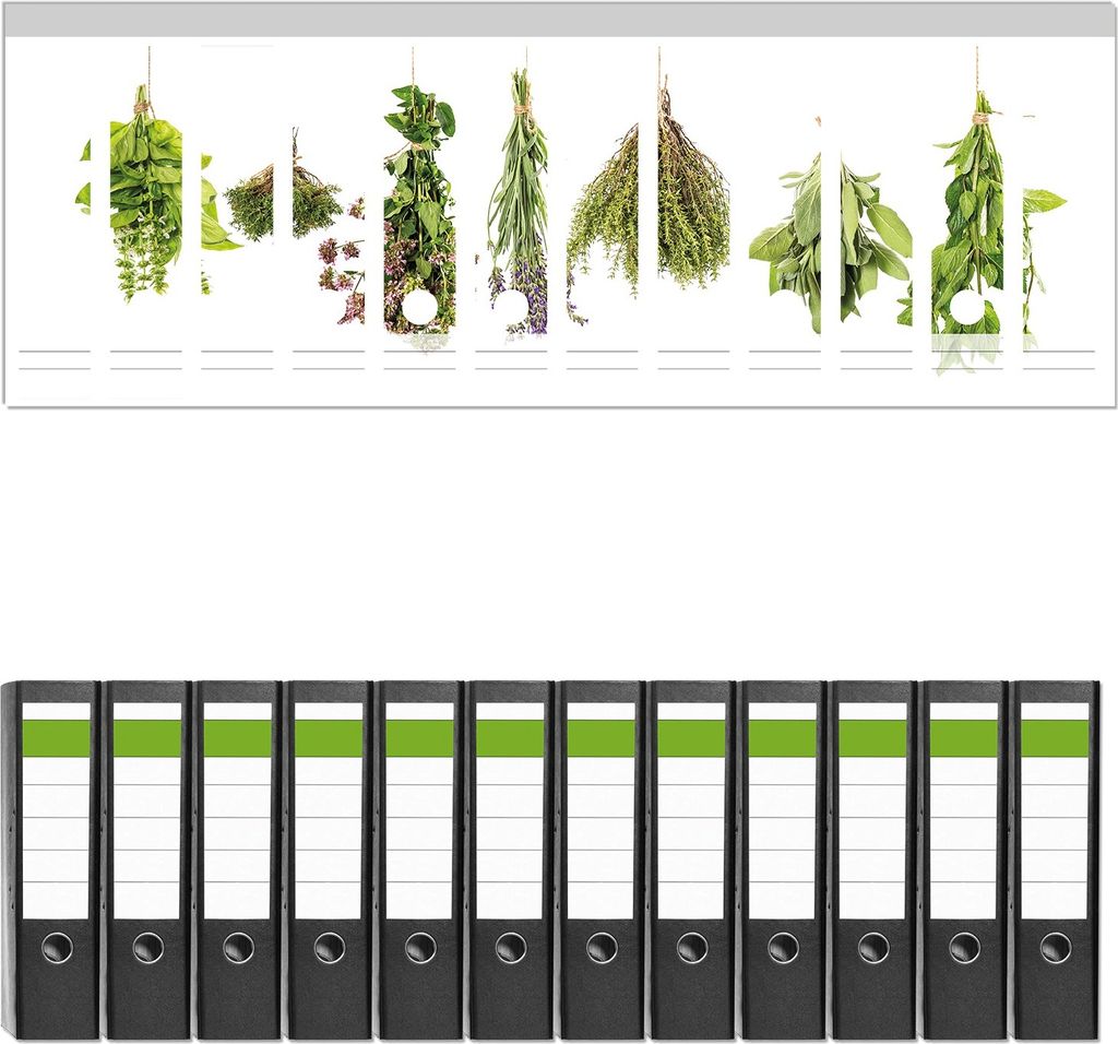 Wallario 12 Stück breite Ordner inkl. Klebeetiketten mit Motive Verschiedene Kräuter an der Leine - Set mit Rückenschildern / Ordnerrücken Sti...