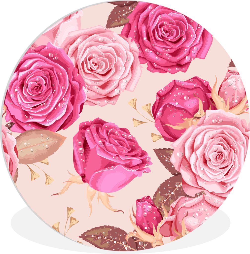 MuchoWow Rundes Wandbild - Runde Bilder Rosen - Blumen - Muster Ø 60 cm Kreis Wanddekoration Kunststoff - Wandkreis - Wandschmuck - Wand Kreis -...