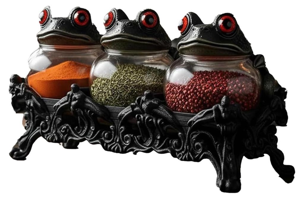 Hexenhafte Gewürztrankgläser mit handgefertigten Zauberfroschdeckeln, rote Augen, gotische Apothekerflaschen für Kräuter, Tee, Salz und Pfeffer...