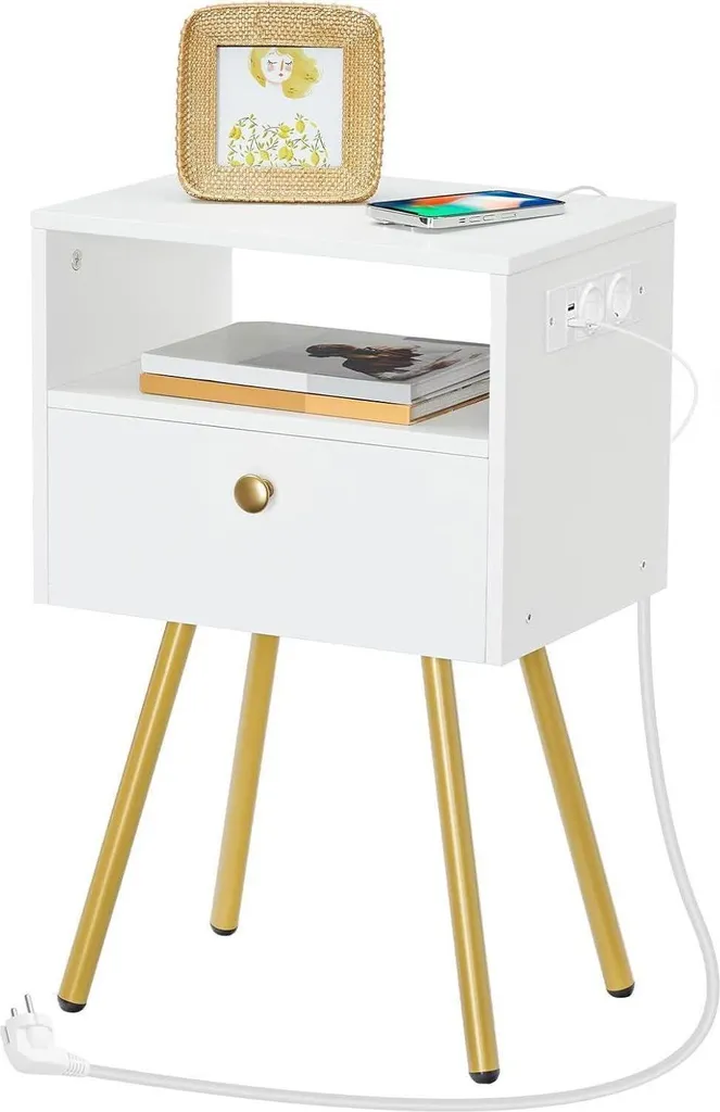 Chevet moderne 1 tiroir avec prise chargeur, rangement blanc et or
