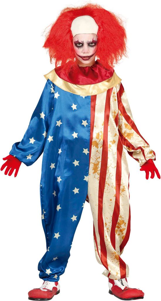 Clown Amerika Halloween Grusel Stars Stripes Kinder Scherzartikelfigur Zirkusmär Horror Gaudi Fun maskenparty Unheimlicher Jumpsuit, Größe: 140/...