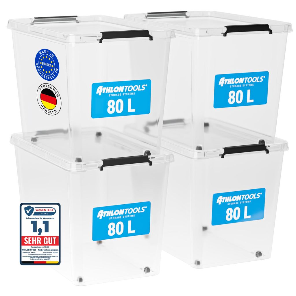 ATHLON TOOLS 4er Set 80l Aufbewahrungsboxen mit Deckel - Produktbild 