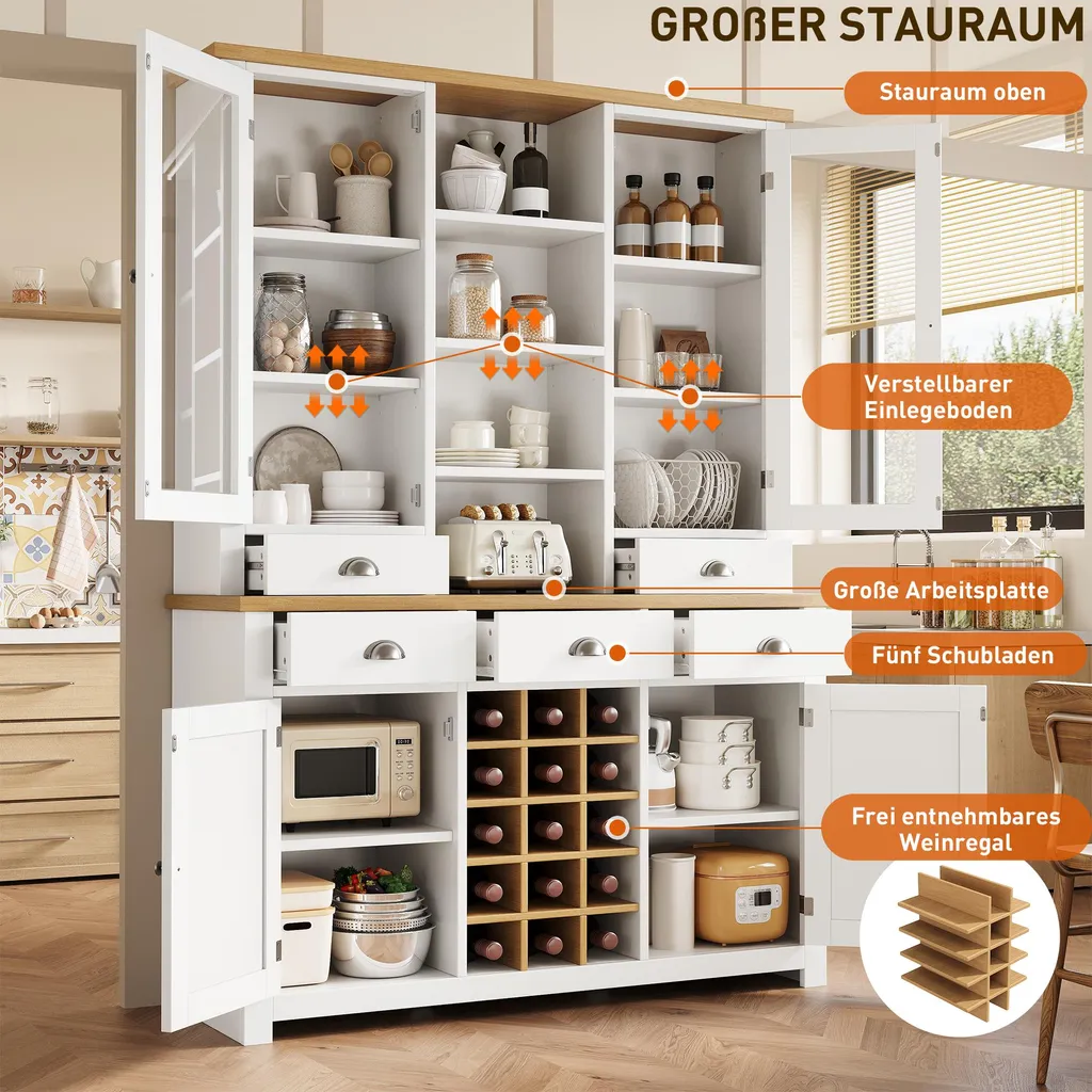 Buffet de cuisine blanc avec vitrine et casier à bouteilles design