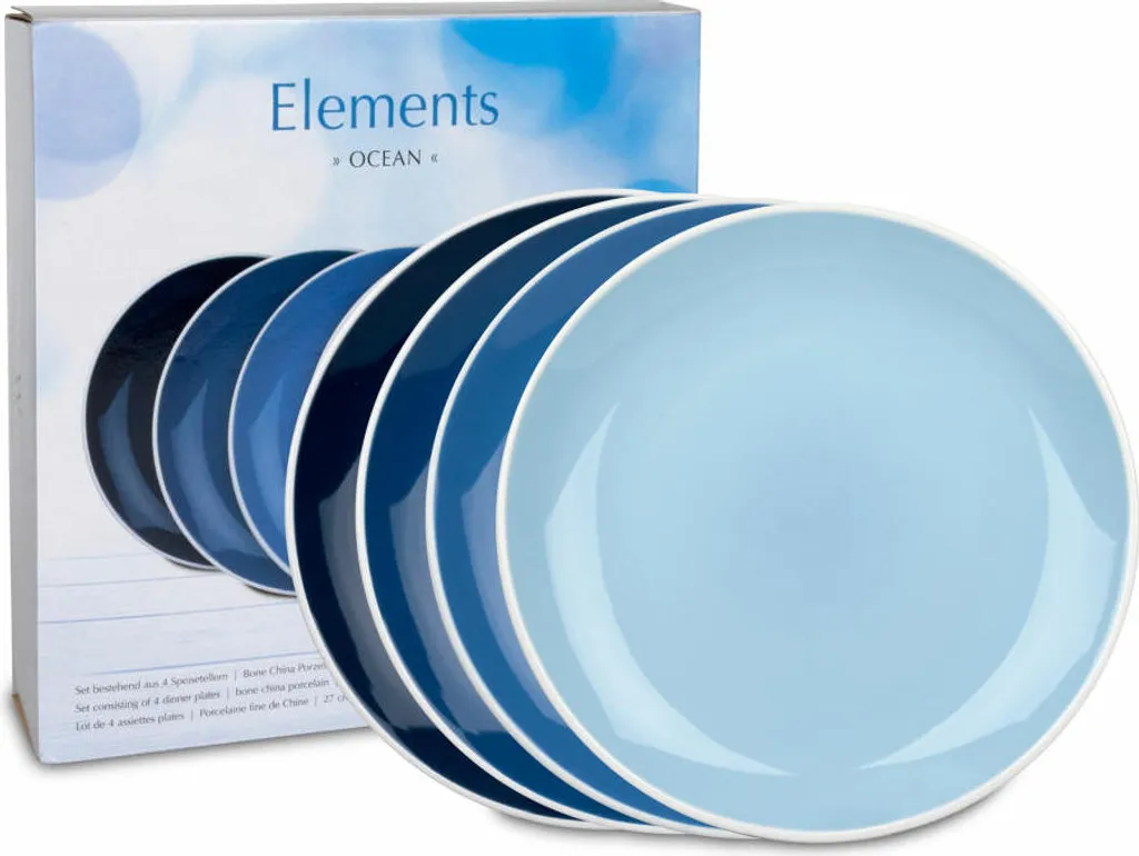 Waechtersbach Elements Ocean Teller 4er Set, Speiseteller, im Geschenkkarton, Bone China, Blau, Ø 27 cm, 41 5 974 3000