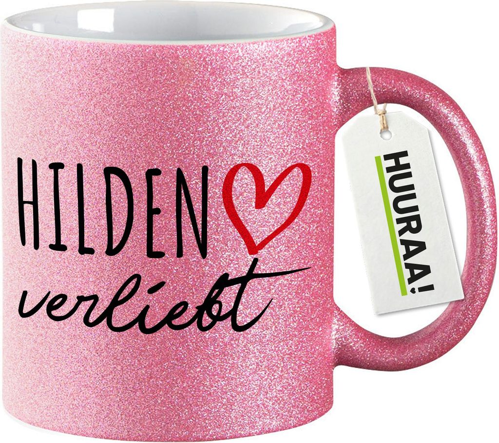 Huuraa Glitzertasse Hilden verliebt 330ml Pink Keramik Kaffeebecher Geschenkidee
