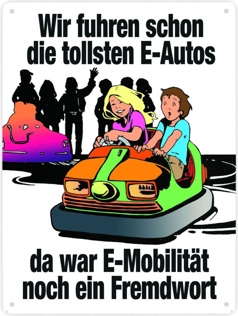 Boxauto als E-Auto Metallschild XXL in 28x38 cm mit Spruch zu E-Mobilität in