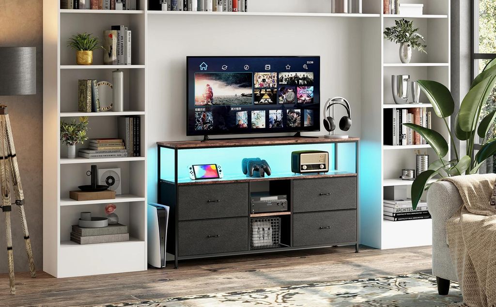 TV Lowboard/TV-Schrank - TV-Möbel - 4 Schubladen - Verstellbare Einlegeböden - Moderner Stil - Maße 108×30×78 cm - Schwarz