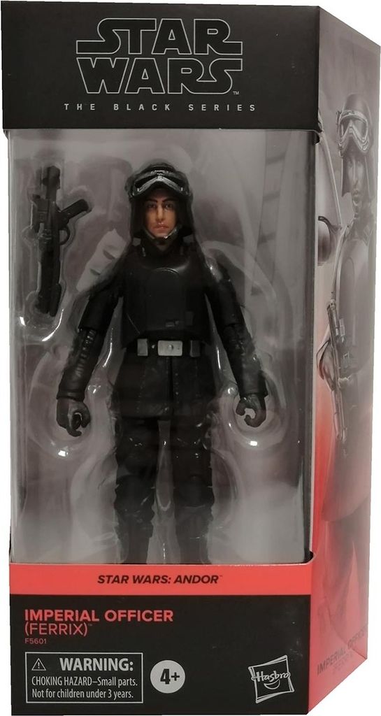 A Star Wars Black Series action figure of an Imperial Officer (Ferrix) from the Andor series, displayed in its retail packaging.