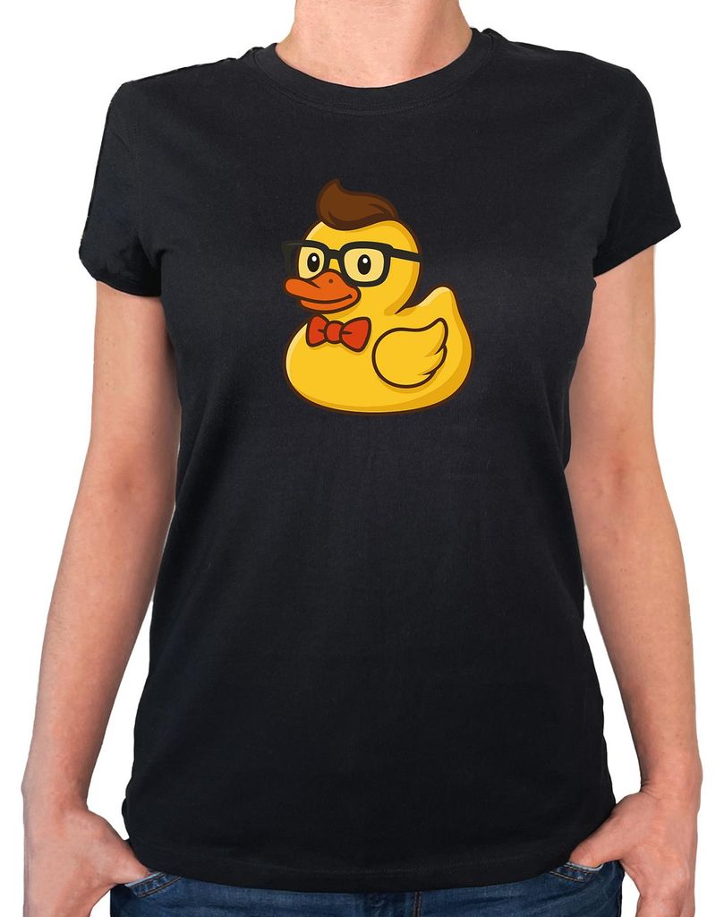 Huuraa Damen T-Shirt Quietscheente Nerd Gummiente Geek XS Black Bio Baumwolle Fairtrade Damenshirt Geschenkidee