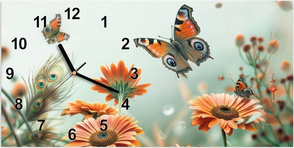 Wanduhr aus Glas mit Motiv Schmetterling Wiese- 60 x 30 cm - inkl. Aufhängesystem