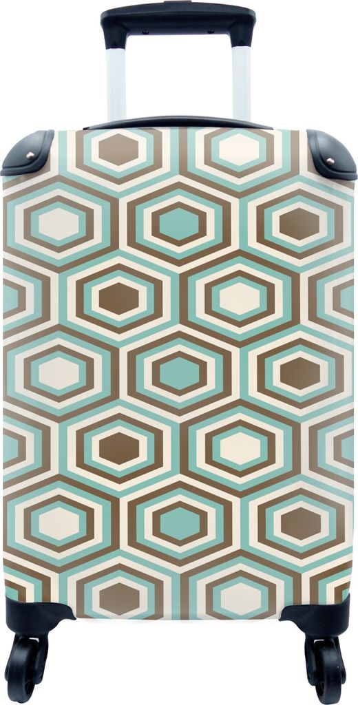 MuchoWow MuchoWow Koffer Handgepäck Trolley Rollkoffer Kleine Reisekoffer mit 4 Rollen - Retro - Honigwabe - Blau - Braun - Cabin Size < 55x40...