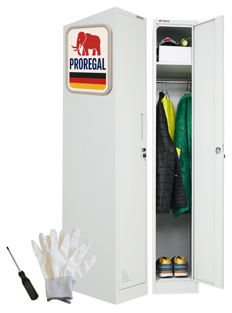 Spind Schrank ELEPHANT Metall | 1 Abteil, abschließbar | HxBxT 180x30x50cm | mit Kleiderstange, 2 Fächern & 3 Kleiderhaken pro Abteil | Lichtgrau...