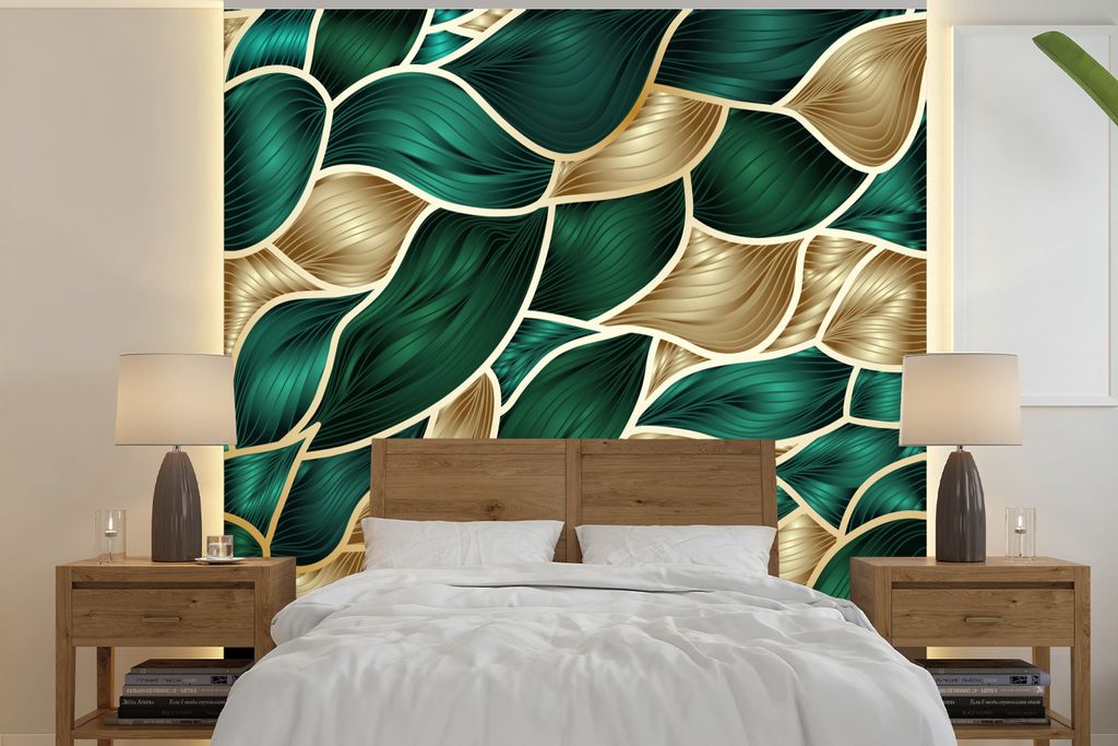 MuchoWow Fototapete für Wohnzimmer oder Schlafzimmer Wandtapete Vinyl Motivtapete Abstrakter Hintergrund mit Gold und Grün - 280x280 cm - Hinte...