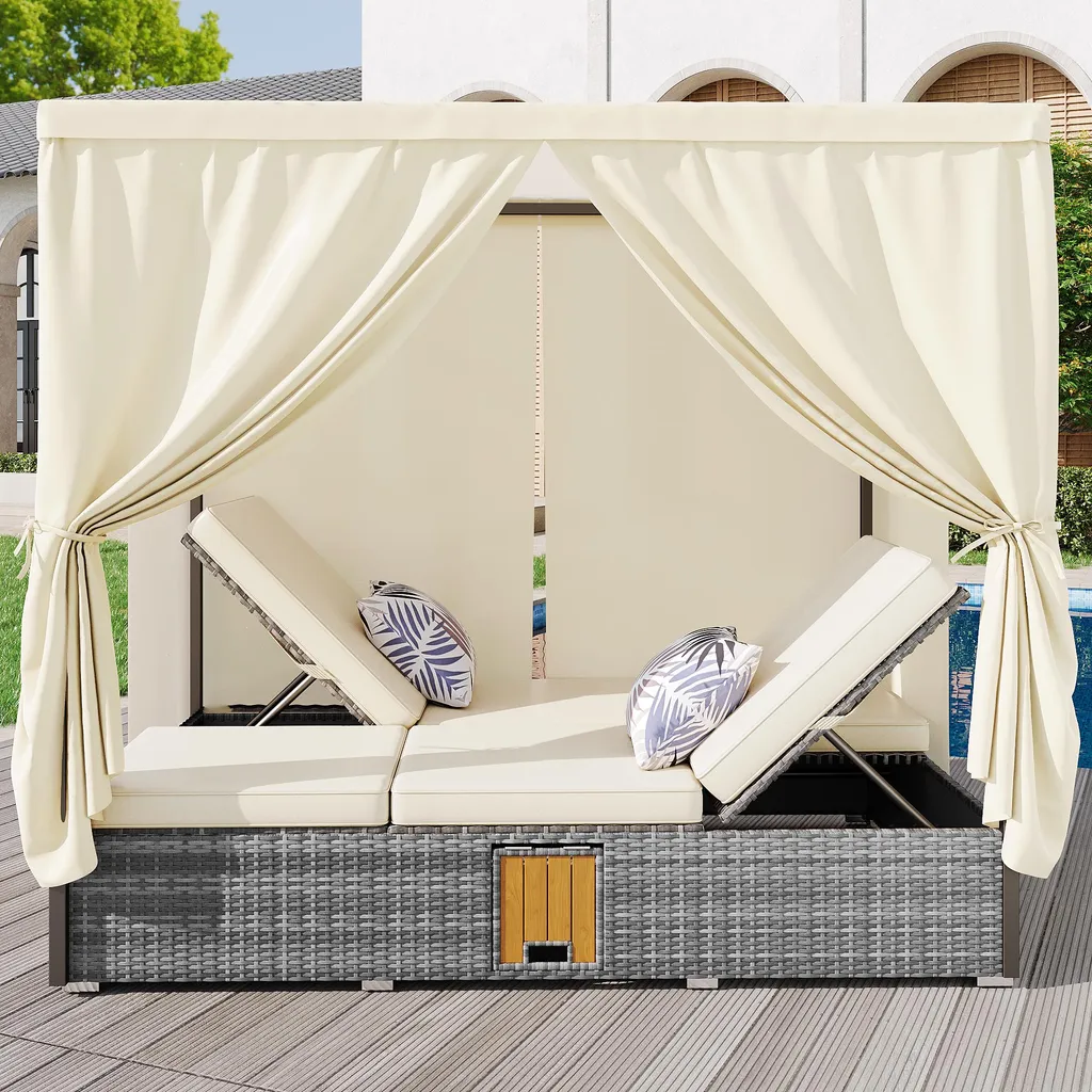 Bain de soleil double avec toit réglable et table pliante pour terrasse - 2