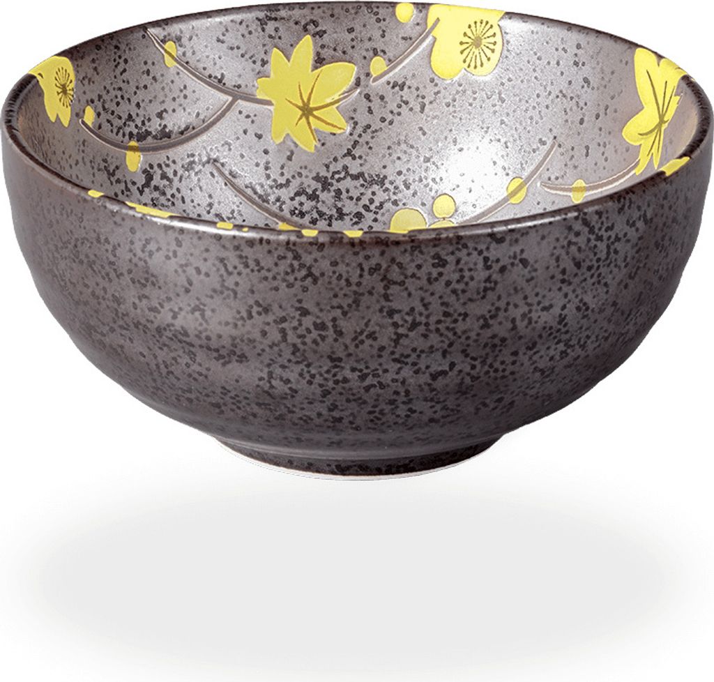 Matcha Schale / Matcha Teeschale 250ml anthrazit/gelb, Blütendesign