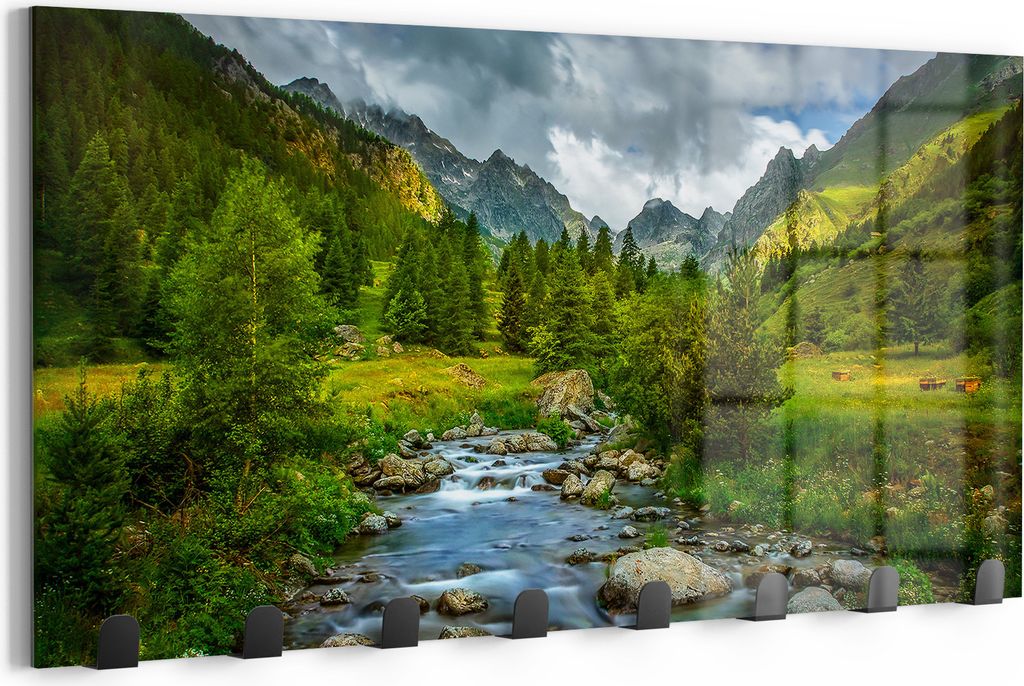 DEQORI Kleiderhaken Glas 60x30 cm 'Idyllischer Bergfluss' Wand Garderobe beschreibbar Paneel