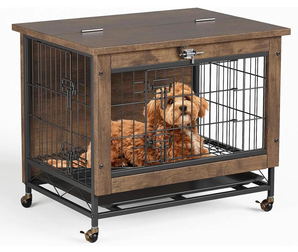 Möbel-Hundebox - Beistelltisch - Mit Rollen - Abschließbar - Zwei Türen - Herausziehbare Bodenwanne - Für mittelgroße Hunde - Holz - Bordeaux