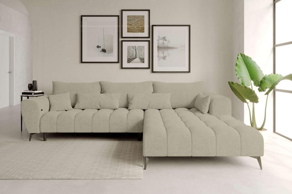 99rooms Ferrano Ecksofa Chenille EDEN Creme Rechts mit Sitztiefenverstellung