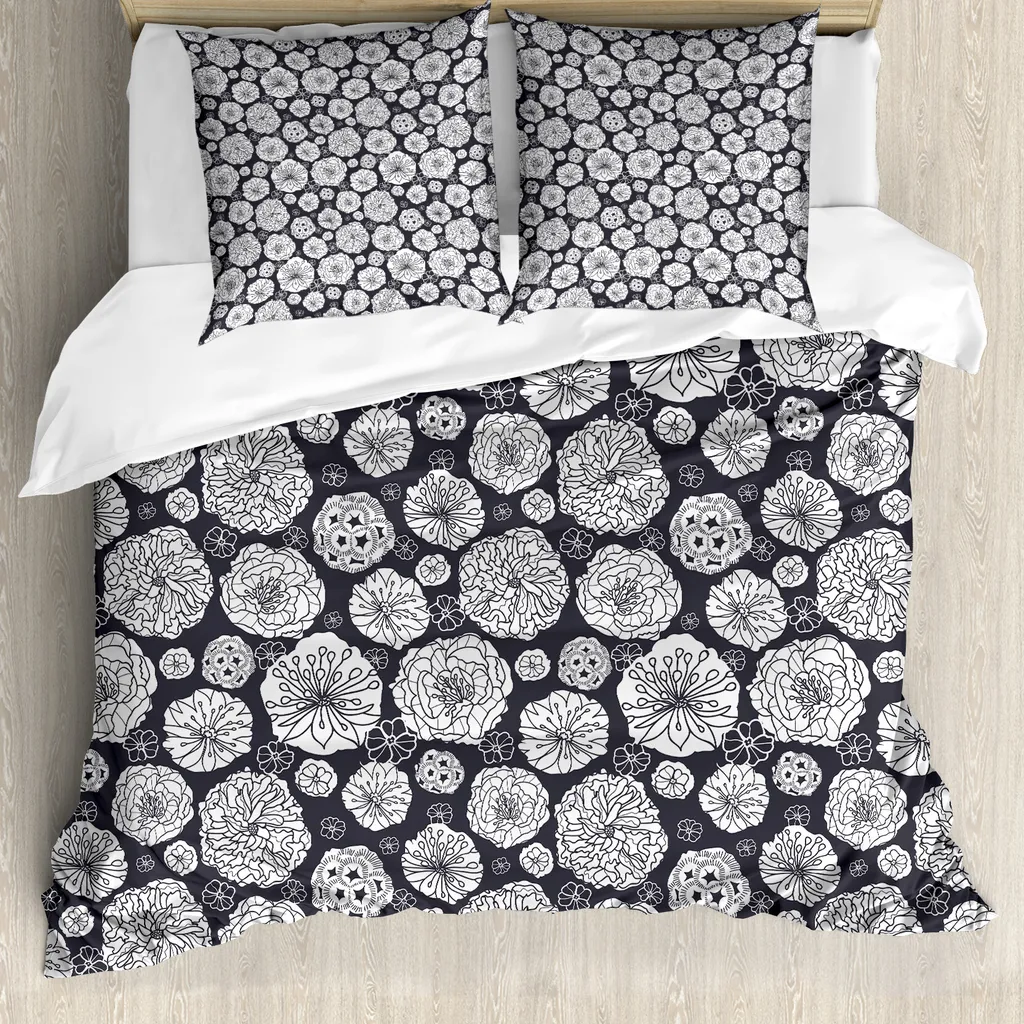Set Letto 200x200 ABAKUHAUS Bianco e Nero - Copripiumino Floreale Chic