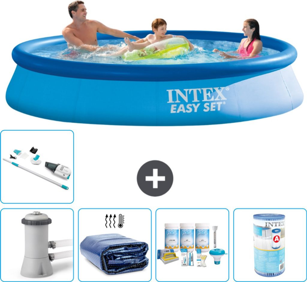 Intex runder aufblasbarer Easy Set-Schwimmpool – 366 x 76 cm – Blau – inklusive Pumpe Sonnensegel - Wartungspaket - Filter - Staubsauger