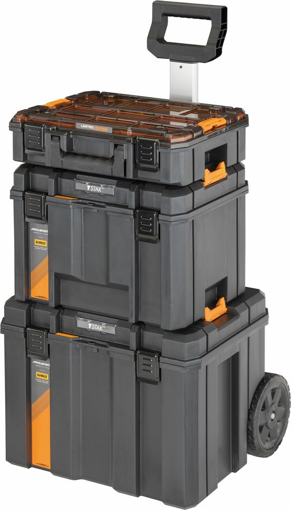 A stack of three toolboxes with a retractable handle and wheels.