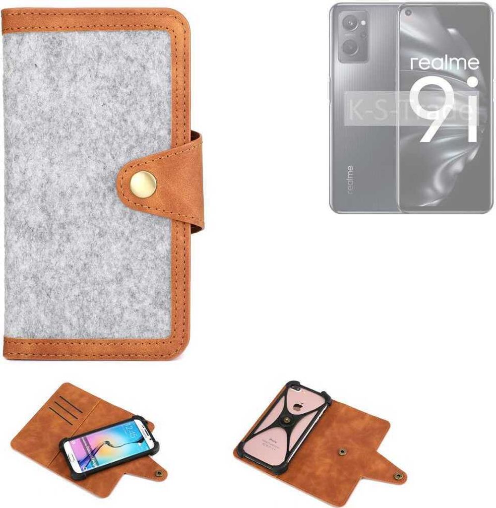 K-S-Trade Handyhülle kompatibel mit Realme 9i Schutzhülle Filz-Hülle Kunst-Leder hellgrau braun (1x)