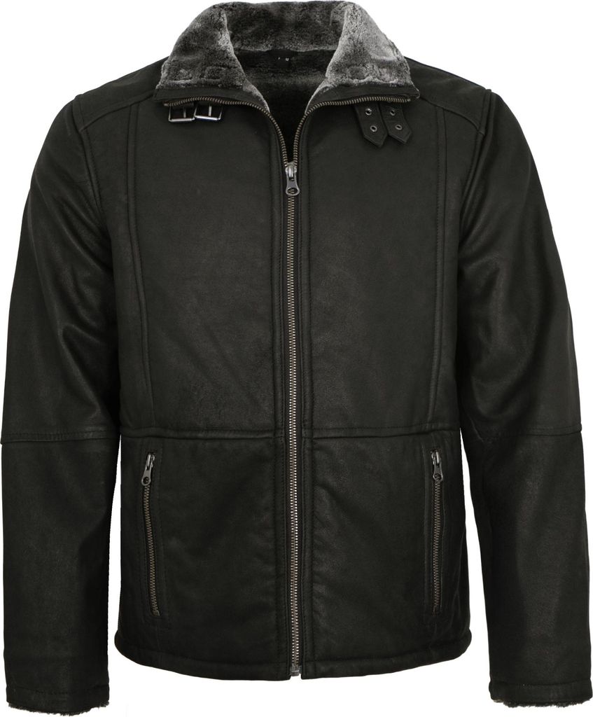 Redpoint - Herren Lederjacke Lammnubuk Kunstfell schwarz : 56