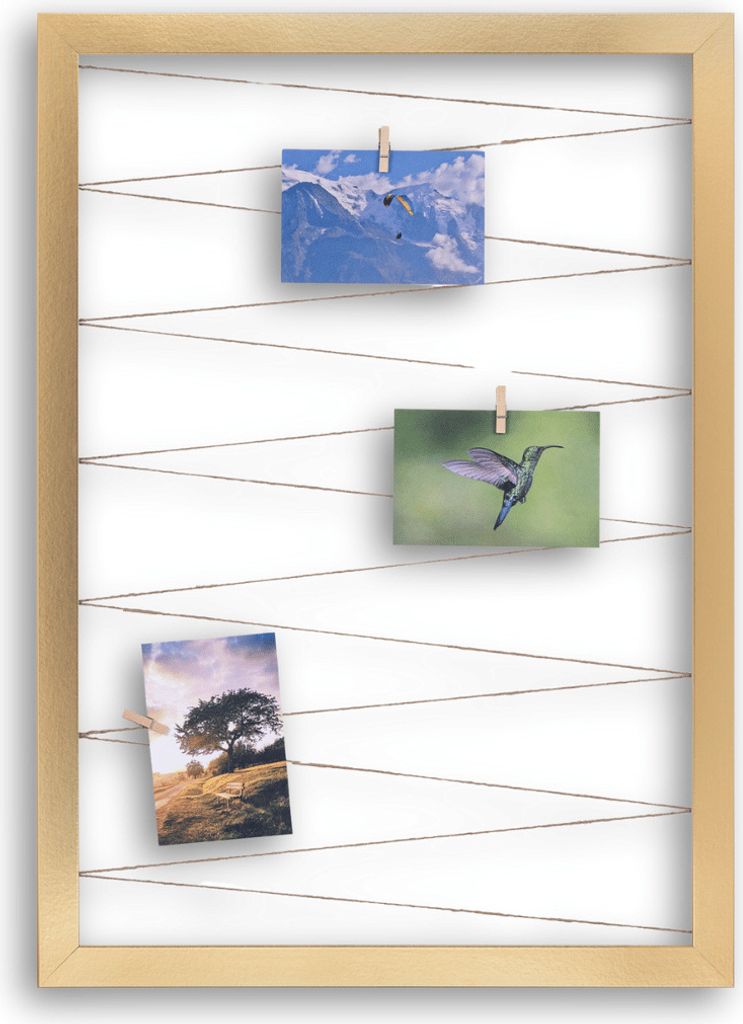 Fotohalter Pinnwand Fotorahmen (Hochformat) mit Juteband 20 Holzklammern Bilderrahmen inklusive CLAMARO Collage Flex, Flex Farbe:Gold, Quer/Hochfor...